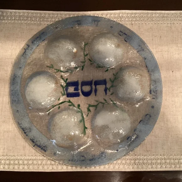 Handcrafted Elegant Glass Seder Plate w/Blue & Gold handpainted symbols, 1980’s - Picture 7 of 7